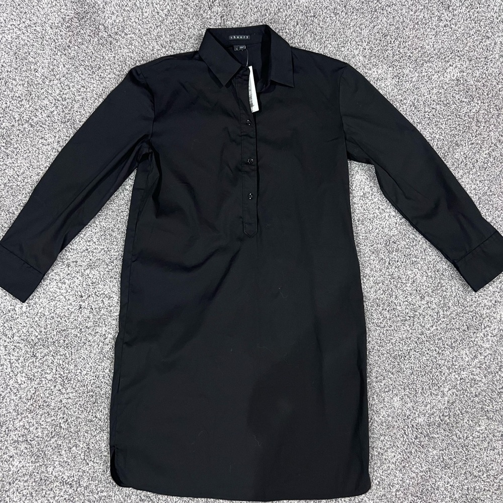 NWT Theory Black Half Button Shirt Dress Short Black Cotton Blend $295 Size US 0